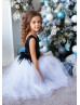 Black Sequin White Tulle Flower Girl Dress With Feather